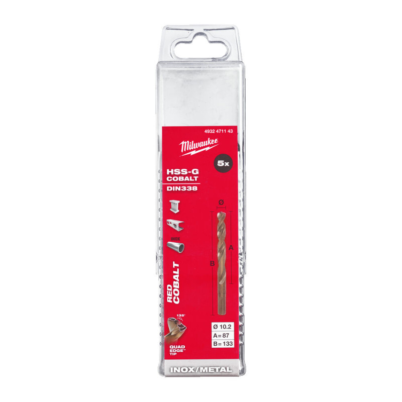 Купити Свердло по металу HSS-Co MILWAUKEE DIN338, діаметр 10,2х133х87мм, (5шт), пластикова коробка. Офіційний магазин Мілвокі Україна, фірмова гарантія з доставкою по Украіні