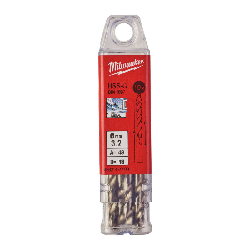Купити Свердло по металу HSS-G MILWAUKEE DIN1897, діаметр 3,2x49х18мм, (10шт), пластикова коробка. Офіційний магазин Мілвокі Україна, фірмова гарантія з доставкою по Украіні