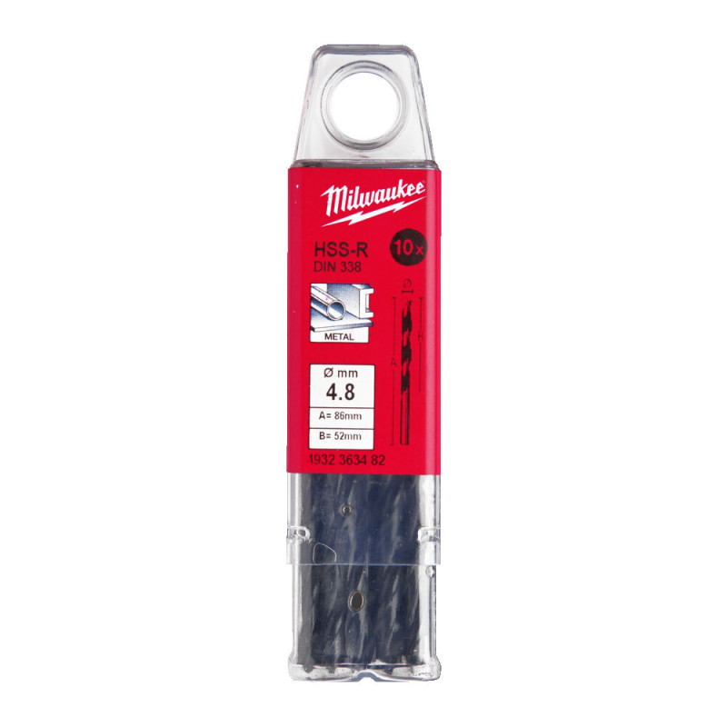 Купити Свердло по металу HSS-R MILWAUKEE DIN338, діаметр 4,8х86х52мм, (10шт), пластикова коробка. Офіційний магазин Мілвокі Україна, фірмова гарантія з доставкою по Украіні
