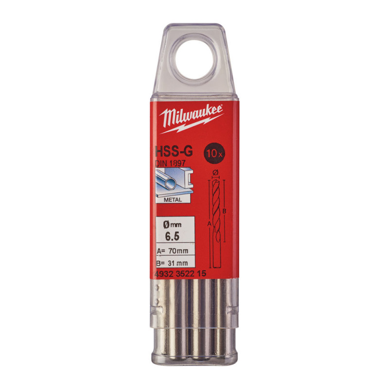 Купити Свердло по металу HSS-G MILWAUKEE DIN1897, діаметр 6,5х70х31мм, скорочене, (10шт), пластикова коробка. Офіційний магазин Мілвокі Україна, фірмова гарантія з доставкою по Украіні