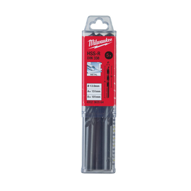 Купити Свердло по металу HSS-R MILWAUKEE DIN338, діаметр 13,0х151х101мм, (5шт), пластикова коробка. Офіційний магазин Мілвокі Україна, фірмова гарантія з доставкою по Украіні