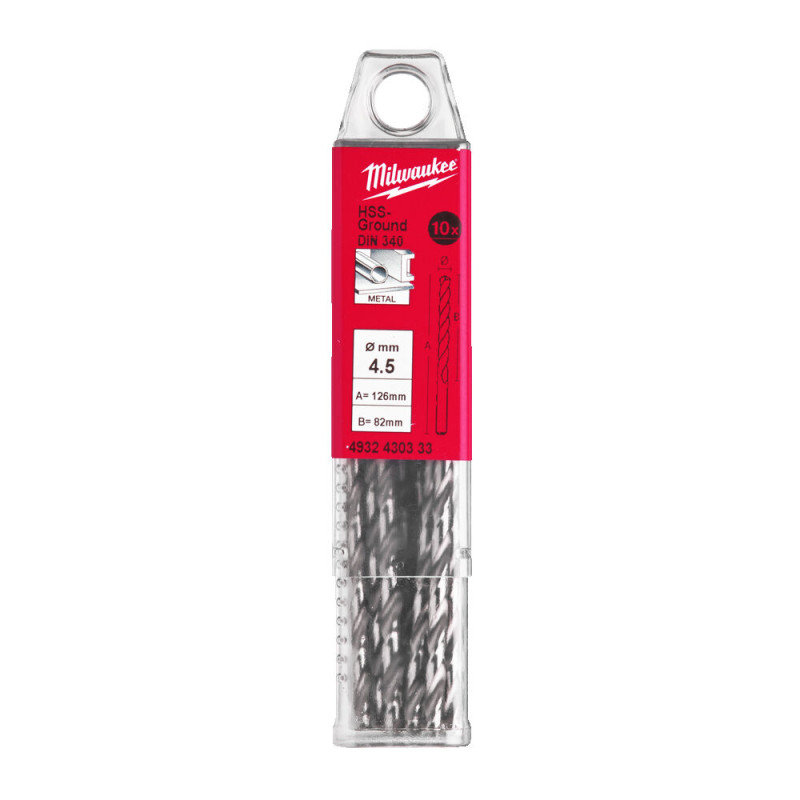 Купити Свердло по металу HSS-G MILWAUKEE DIN340, діаметр 4,5x126х82мм, подовжене, (10шт), пластикова коробка. Офіційний магазин Мілвокі Україна, фірмова гарантія з доставкою по Украіні