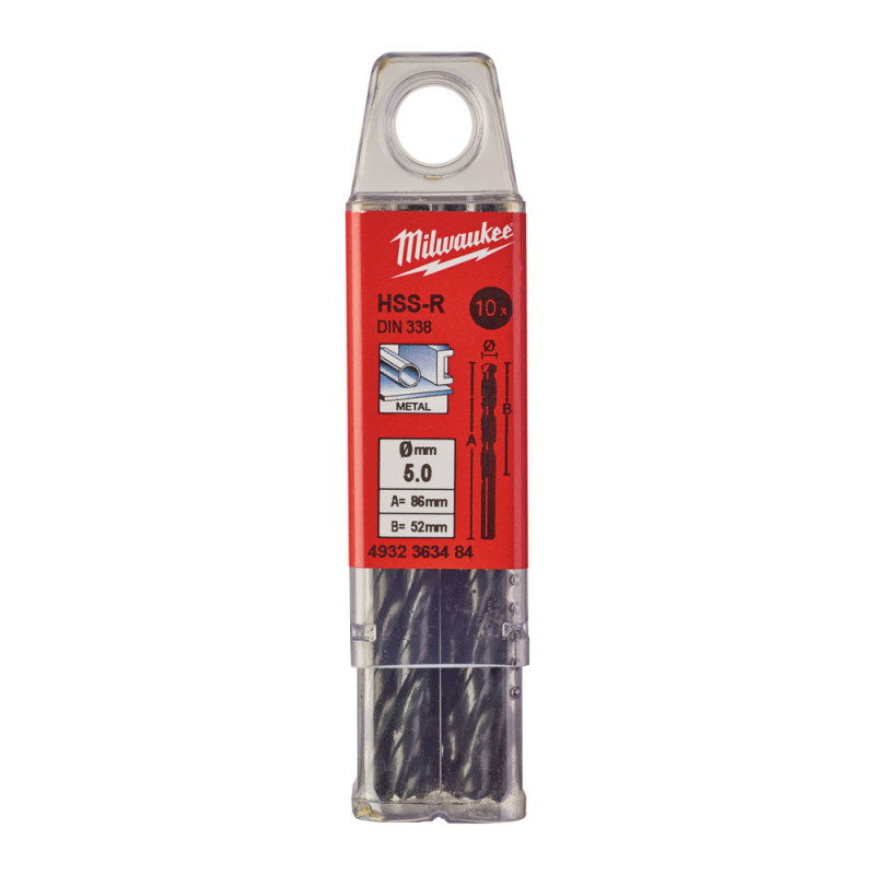 Купити Свердло по металу HSS-R MILWAUKEE DIN338, діаметр 5,0х86х52мм, (10шт), пластикова коробка. Офіційний магазин Мілвокі Україна, фірмова гарантія з доставкою по Украіні