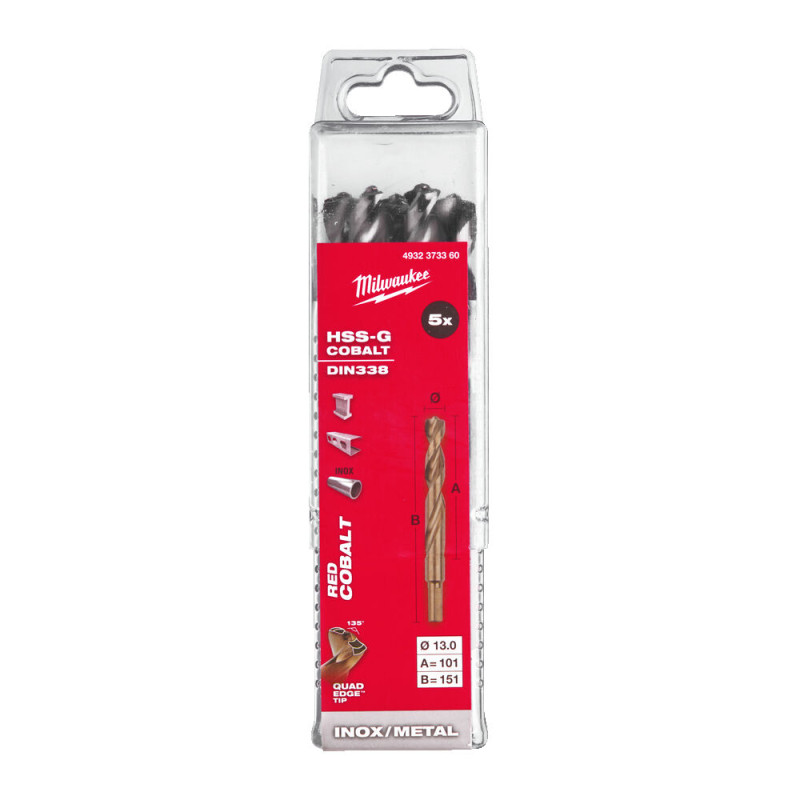 Купити Свердло по металу HSS-Co MILWAUKEE DIN338, діаметр 13,0х150х101мм, (5шт), пластикова коробка. Офіційний магазин Мілвокі Україна, фірмова гарантія з доставкою по Украіні