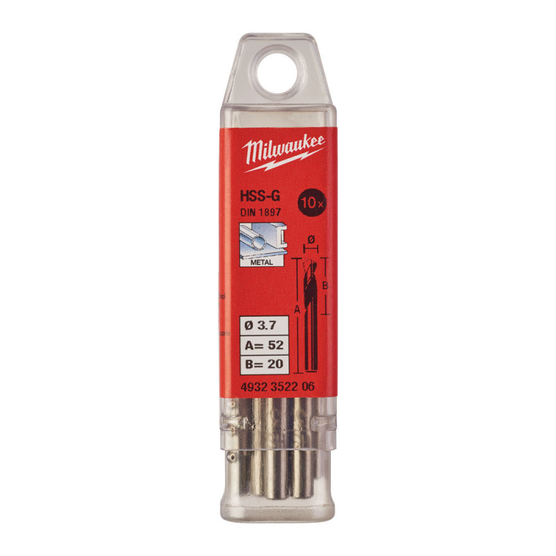 Купити Свердло по металу HSS-G MILWAUKEE DIN1897, діаметр 3,7х52х20мм, скорочене, (10шт), пластикова коробка. Офіційний магазин Мілвокі Україна, фірмова гарантія з доставкою по Украіні