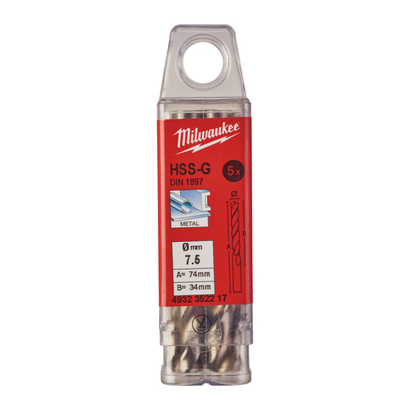 Купити Свердло по металу HSS-G MILWAUKEE DIN1897, діаметр 7,5х74х34мм, скорочене, (5шт), пластикова коробка. Офіційний магазин Мілвокі Україна, фірмова гарантія з доставкою по Украіні