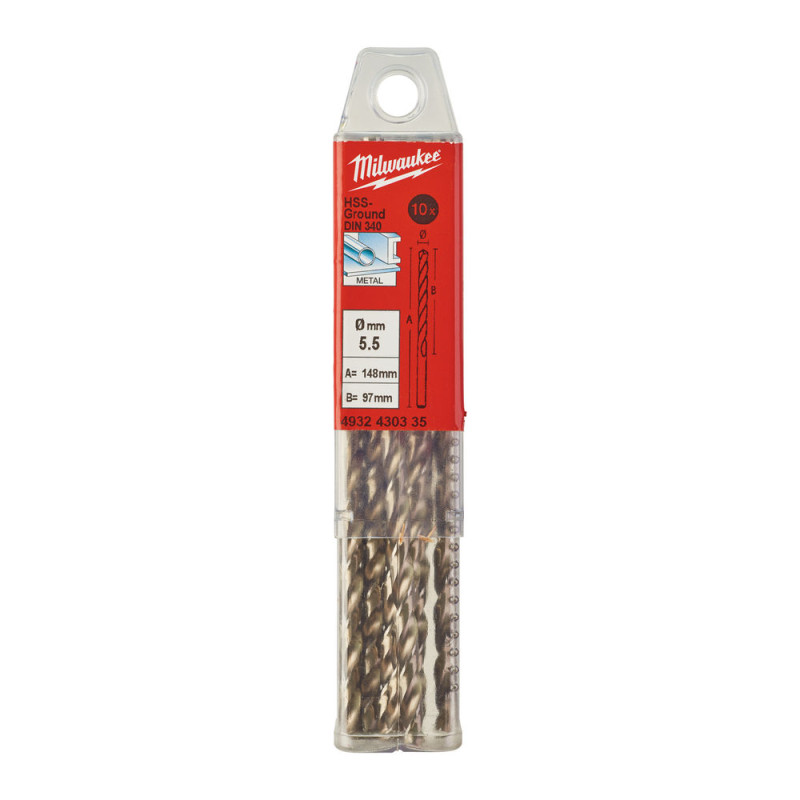 Купити Свердло по металу HSS-G MILWAUKEE DIN340, діаметр 5,5х139х91мм, подовжене, (10шт), пластикова коробка. Офіційний магазин Мілвокі Україна, фірмова гарантія з доставкою по Украіні