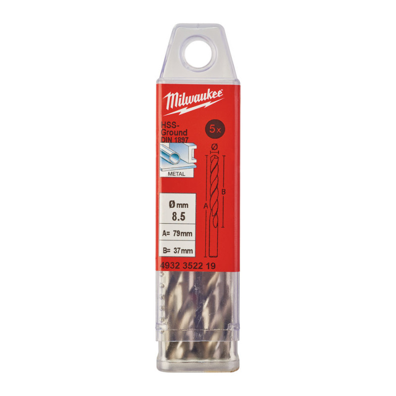 Купити Свердло по металу HSS-G MILWAUKEE DIN1897, діаметр 8,5х79х37мм, скорочене, (5шт), пластикова коробка. Офіційний магазин Мілвокі Україна, фірмова гарантія з доставкою по Украіні