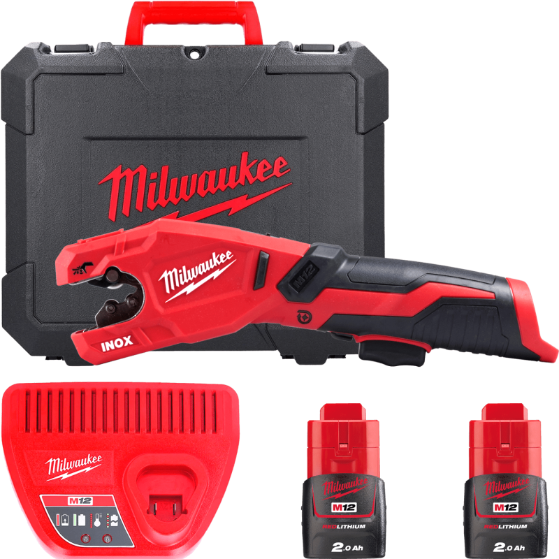Купити Труборіз акумуляторний по нержавіючій сталі MILWAUKEE, M12 PCSS-202C  (зарядний пристрій С12 С, 2 акумулятори М12 В2 2Аг, кейс). Офіційний магазин Мілвокі Україна, фірмова гарантія з доставкою по Украіні