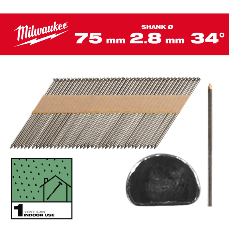 Купити Цвяхи з D-образною головкою MILWAUKEE, 2,8/34 градуси/75мм (2200шт). Офіційний магазин Мілвокі Україна, фірмова гарантія з доставкою по Украіні