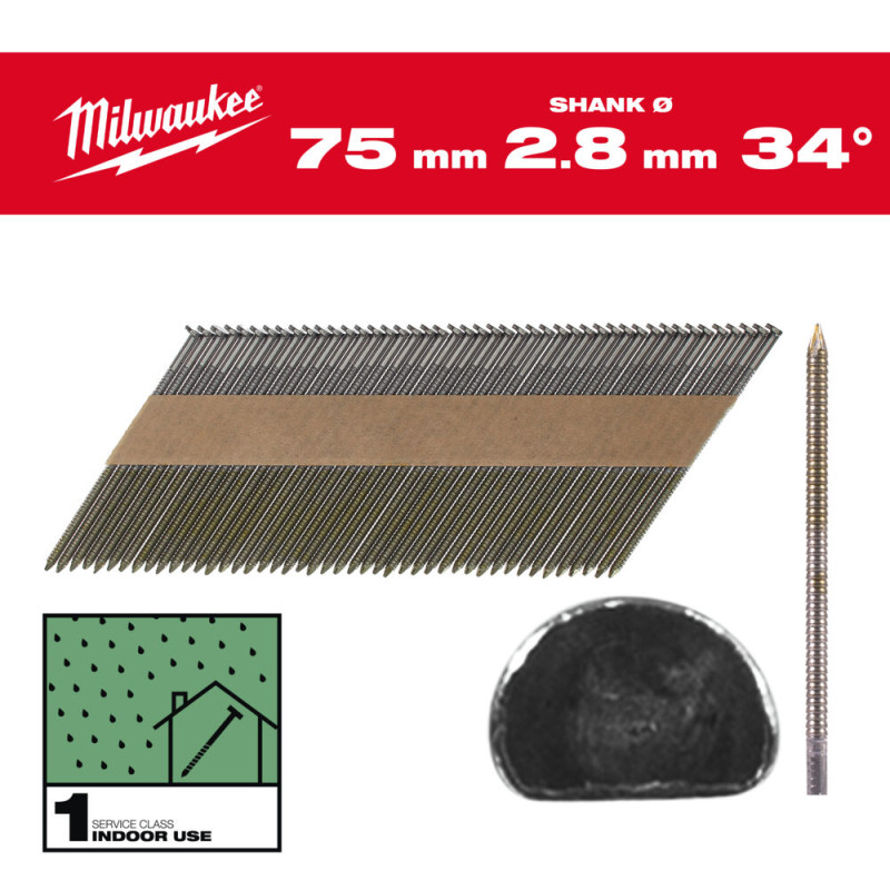 Купити Цвяхи з кільцевою накаткою та D-образною головкою MILWAUKEE 2,8/34 градуси/75мм (2200шт). Офіційний магазин Мілвокі Україна, фірмова гарантія з доставкою по Украіні
