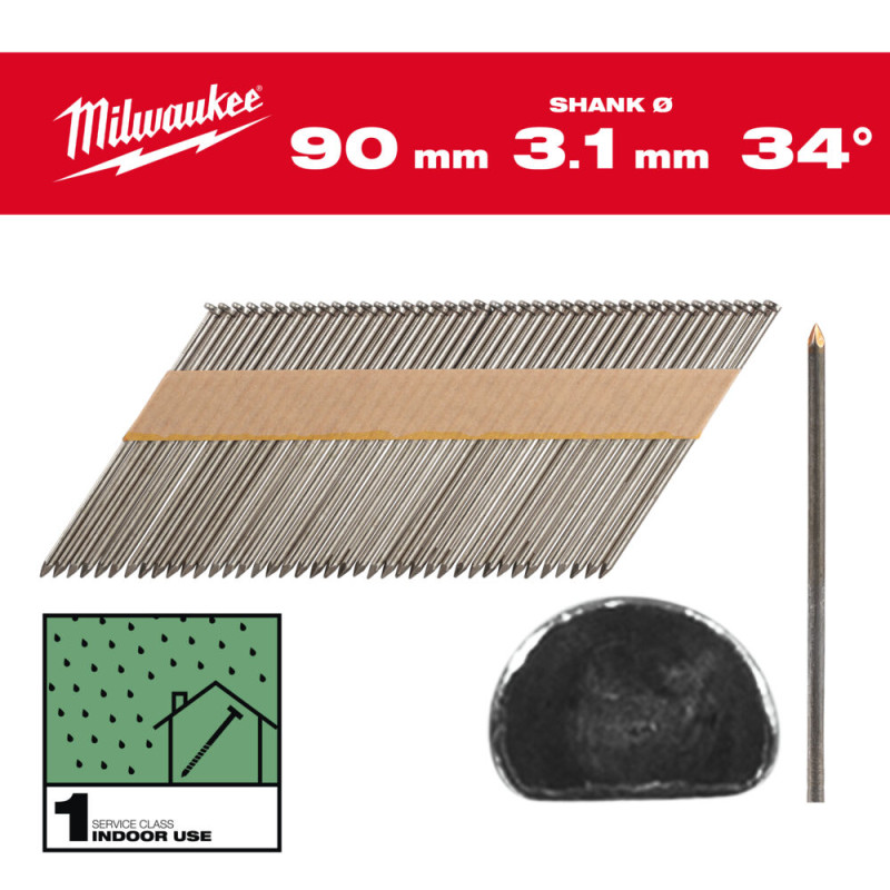 Купити Цвяхи з D-образною головкою MILWAUKEE, 3,1/34 градуси/90мм (2200шт). Офіційний магазин Мілвокі Україна, фірмова гарантія з доставкою по Украіні