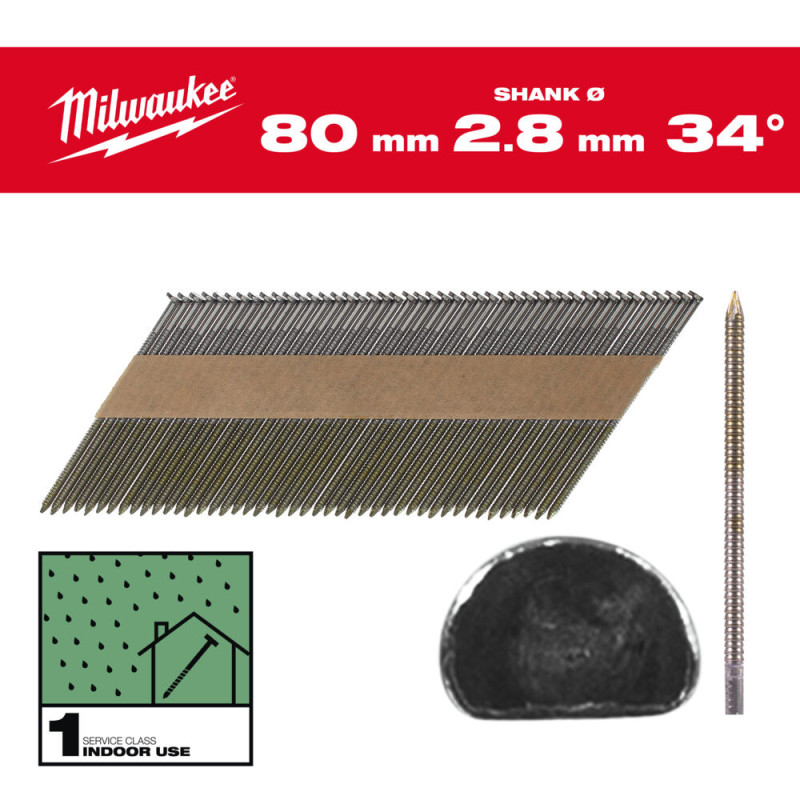 Купити Цвяхи з кільцевою накаткою та D-образною головкою MILWAUKEE, 2,8/34 градуси/80мм (2200шт). Офіційний магазин Мілвокі Україна, фірмова гарантія з доставкою по Украіні