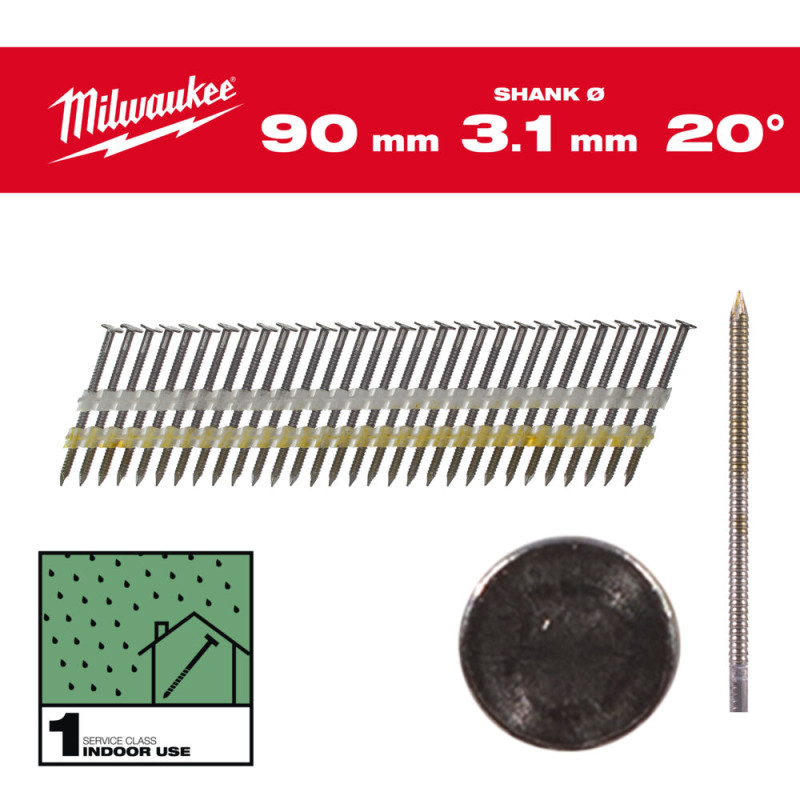 Купити Цвяхи з кільцевою накаткою та круглою головкою MILWAUKEE, 3,1х7,4мм/20 градусів/90мм (1750шт). Офіційний магазин Мілвокі Україна, фірмова гарантія з доставкою по Украіні