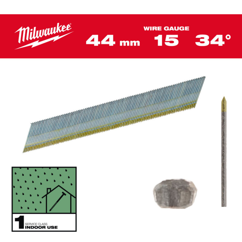 Купити Цвяхи оцинковані з D-образною головкою MILWAUKEE, 15G/34 градуси/44мм, (2500шт). Офіційний магазин Мілвокі Україна, фірмова гарантія з доставкою по Украіні