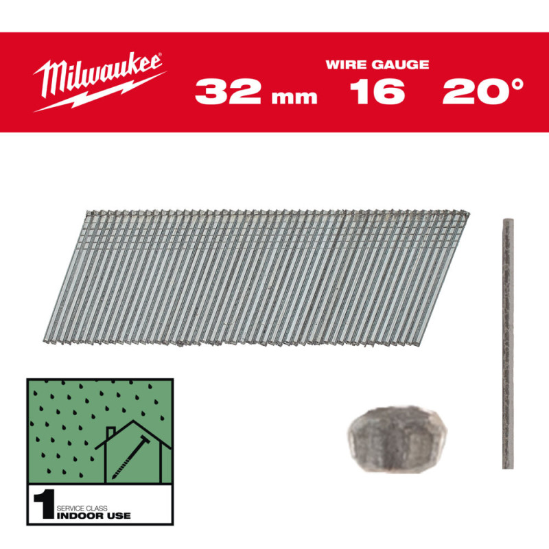 Купити Цвяхи оцинковані з Т-образною головкою MILWAUKEE, 16G/20 градусів/32мм, (2000шт). Офіційний магазин Мілвокі Україна, фірмова гарантія з доставкою по Украіні