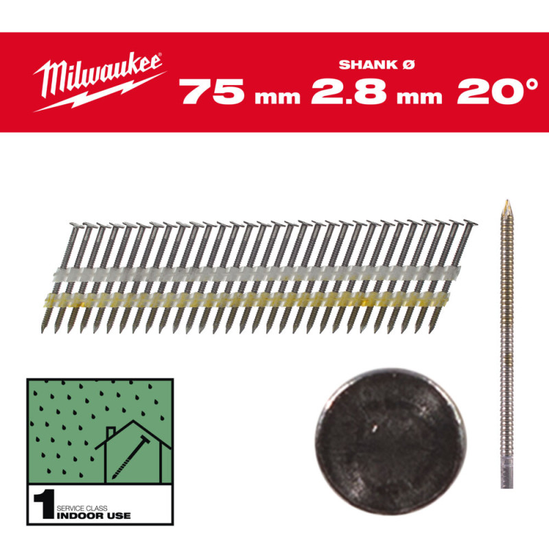 Купити Цвяхи з кільцевою накаткою та круглою головкою MILWAUKEE, 2,8х7,4мм/20 градусів/75мм (2000шт). Офіційний магазин Мілвокі Україна, фірмова гарантія з доставкою по Украіні
