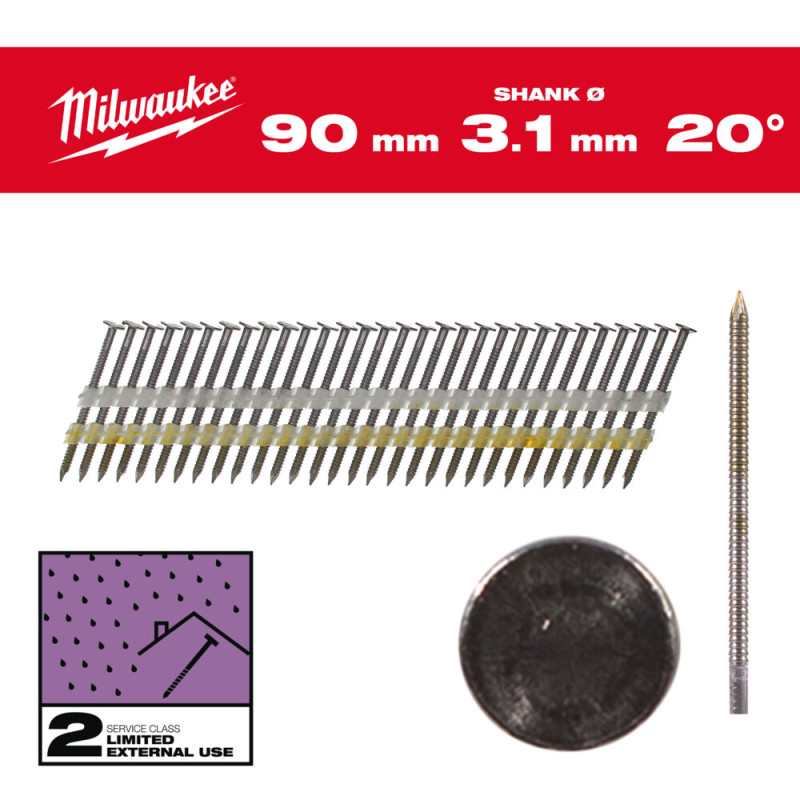 Купити Цвяхи оцинковані з кільцевою накаткою та круглою головкою MILWAUKEE 3,1х7,4мм/20 градусів/90мм (1750шт). Офіційний магазин Мілвокі Україна, фірмова гарантія з доставкою по Украіні