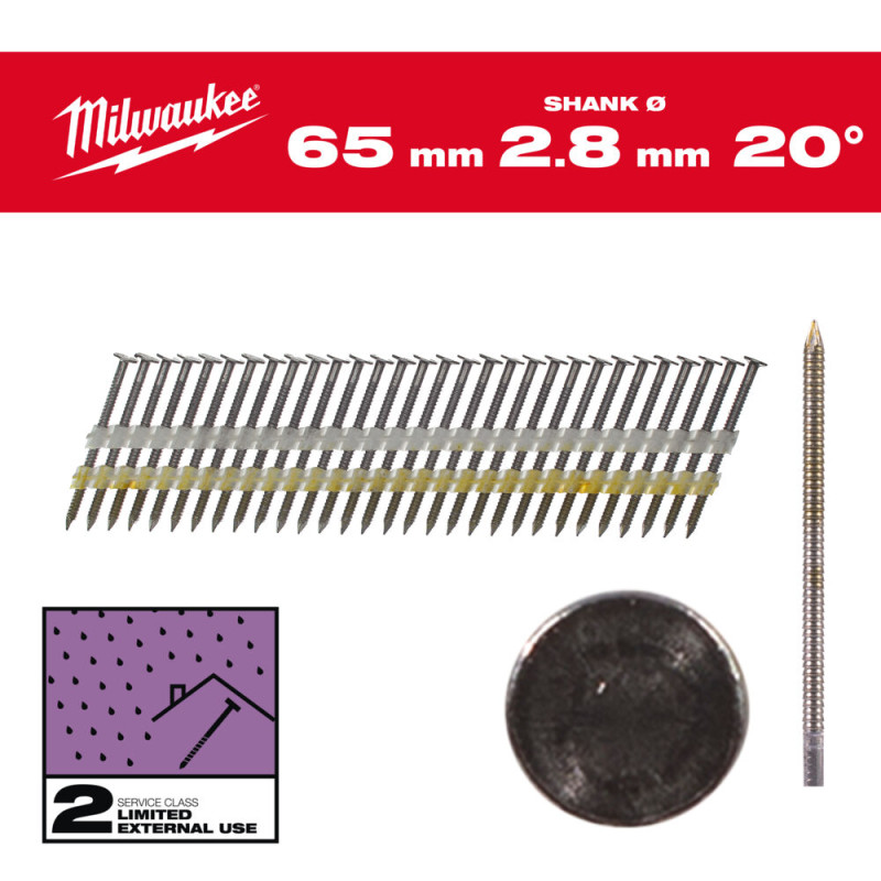 Купити Цвяхи оцинковані з кільцевою накаткою та круглою головкою MILWAUKEE 2,8х7,4мм/20 градусів/65мм (2000шт). Офіційний магазин Мілвокі Україна, фірмова гарантія з доставкою по Украіні