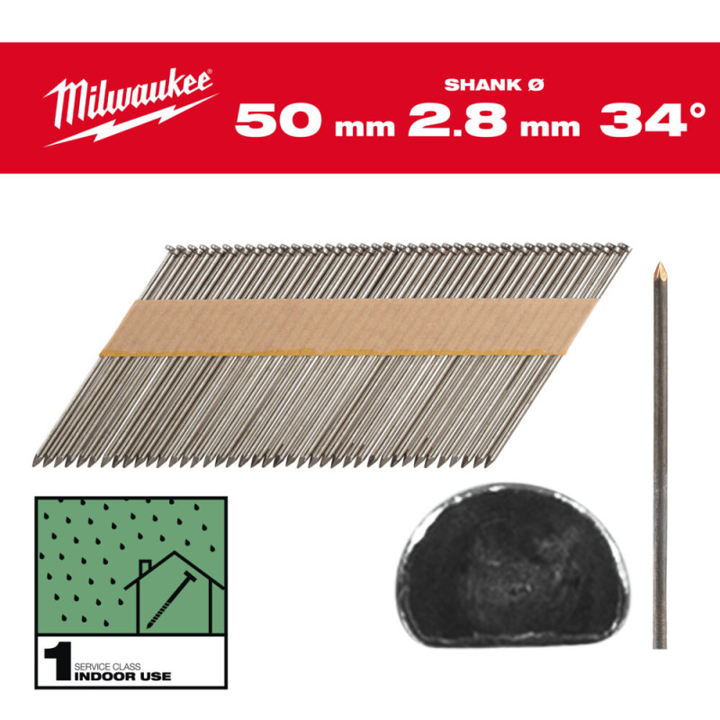 Купити Цвяхи з D-образною головкою MILWAUKEE, 2,8/34 градуси/50мм (2200шт). Офіційний магазин Мілвокі Україна, фірмова гарантія з доставкою по Украіні