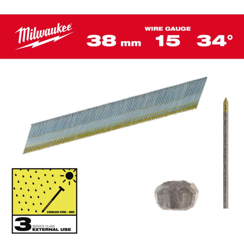 Купити Цвяхи з нержавійки з D-образною головкою MILWAUKEE, 15G/34 градуси/38мм, (2500шт). Офіційний магазин Мілвокі Україна, фірмова гарантія з доставкою по Украіні