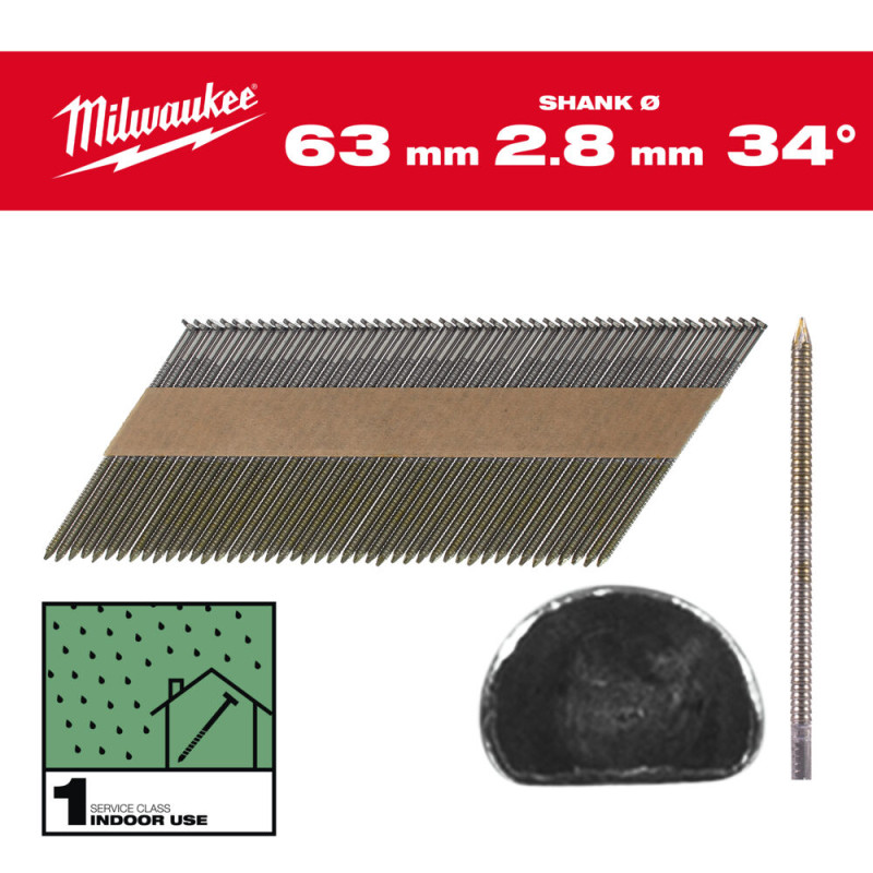 Купити Цвяхи з кільцевою накаткою та D-образною головкою MILWAUKEE, 2,8/34 градуси/63мм (2200шт). Офіційний магазин Мілвокі Україна, фірмова гарантія з доставкою по Украіні