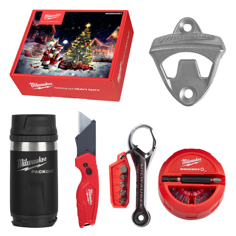 Купити Набір ручного інструменту MILWAUKEE Christmas Promo 2025 (відкривачка TOOLGUARD (4932500164), компактний ніж Fastback (4932471356), набір біт SHOCKWAVE IMPACT DUTY (15 шт.) (4932430904), міні-тріскачка 7-в-1 (4932498792), пляшка PACKOUT 355мл Sip Lid чорн. Офіційний магазин Мілвокі Україна, фірмова гарантія з доставкою по Украіні