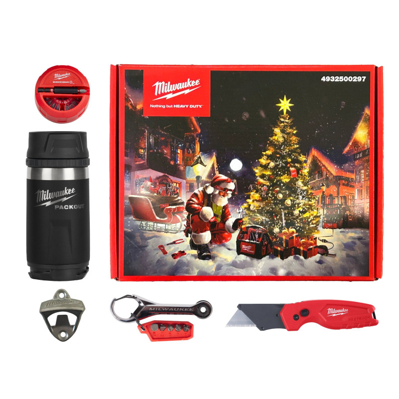 Купити Набір ручного інструменту MILWAUKEE Christmas Promo 2025 (відкривачка TOOLGUARD (4932500164), компактний ніж Fastback (4932471356), набір біт SHOCKWAVE IMPACT DUTY (15 шт.) (4932430904), міні-тріскачка 7-в-1 (4932498792), пляшка PACKOUT 355мл Sip Lid чорн. Офіційний магазин Мілвокі Україна, фірмова гарантія з доставкою по Украіні