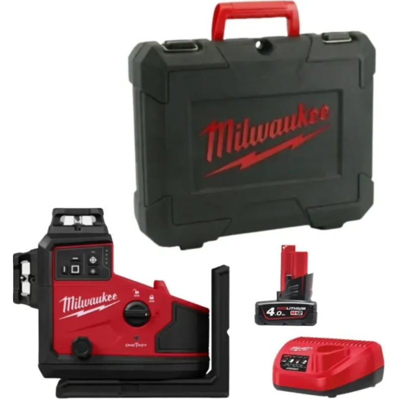 Купити Нівел1р 3D лазерний акумуляторний MILWAUKEE, M12 A3PLO-401C (360 градусів, зелений промінь)  (зарядний пристрій С12 С, 1 акумулятор М12 В4 4Аг, аксесуари, кейс). Офіційний магазин Мілвокі Україна, фірмова гарантія з доставкою по Украіні