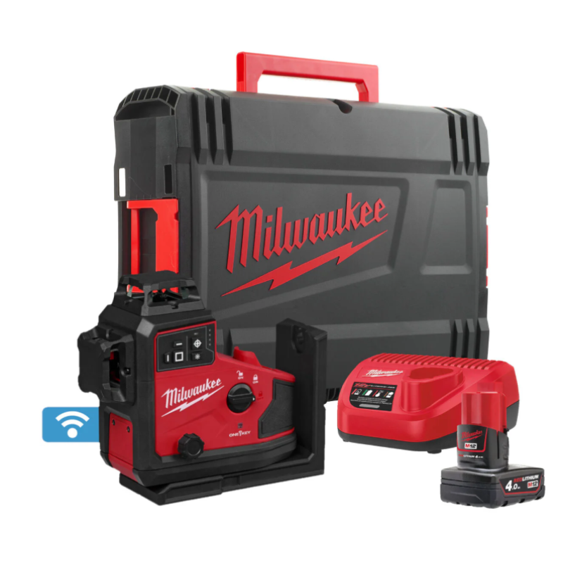 Купити Нівел1р 3D лазерний акумуляторний MILWAUKEE, M12 A3PLO-401C (360 градусів, зелений промінь)  (зарядний пристрій С12 С, 1 акумулятор М12 В4 4Аг, аксесуари, кейс). Офіційний магазин Мілвокі Україна, фірмова гарантія з доставкою по Украіні