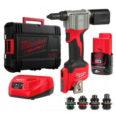 Купити Заклепочник акумуляторний MILWAUKEE, M12 BPRT-201X діаметр заклепок 2,4-4,8мм (зарядний пристрій С12 С, 1 акумулятор М12 В2 2Аг, 4 накінечника, ключ, кліпса для реміня, HDкейс). Офіційний магазин Мілвокі Україна, фірмова гарантія з доставкою по Украіні