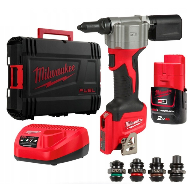 Купити Заклепочник акумуляторний MILWAUKEE, M12 BPRT-201X діаметр заклепок 2,4-4,8мм (зарядний пристрій С12 С, 1 акумулятор М12 В2 2Аг, 4 накінечника, ключ, кліпса для реміня, HDкейс). Офіційний магазин Мілвокі Україна, фірмова гарантія з доставкою по Украіні