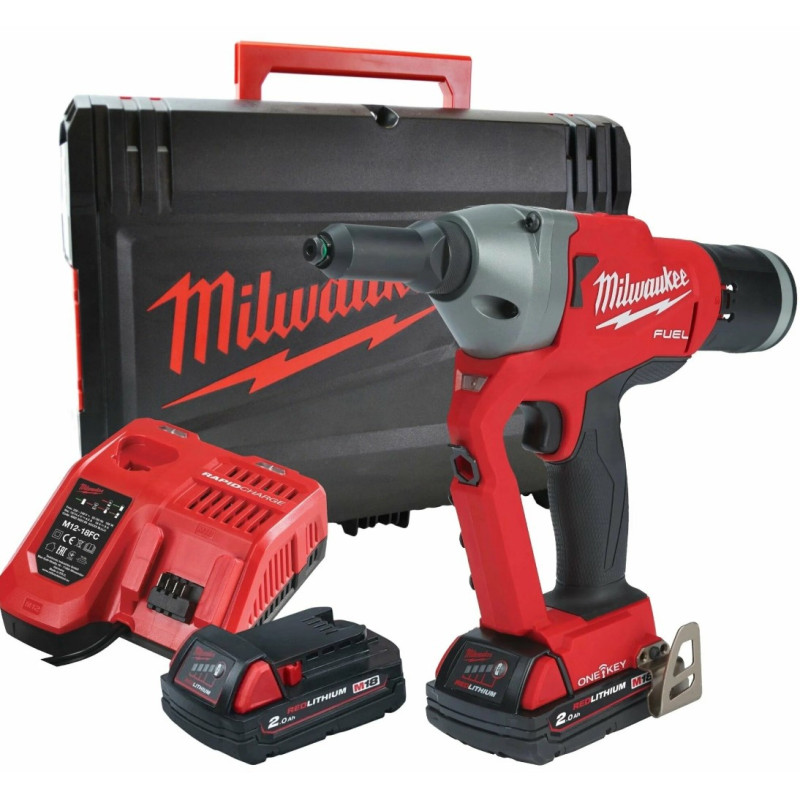 Купити Заклепочник акумуляторний безщітковий MILWAUKEE M18 ONEFPRT-202X, діаметр заклепок 4,8-7,0мм (зарядний.пристрій М12-18 FC, 2 акумулятори М18 В2 2Аг, HDкейс). Офіційний магазин Мілвокі Україна, фірмова гарантія з доставкою по Украіні